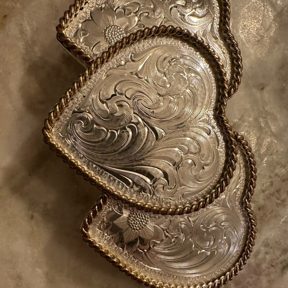 Vtg Montana Silversmiths Sterling silver plate Triple Heart 2Tone Belt Buckle - Picture 8 of 9